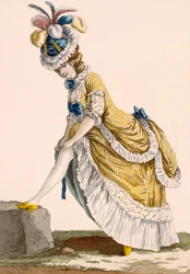 Dame trekker opp strømpen, gravert av Le Beau, plate nr. 1 fra 
